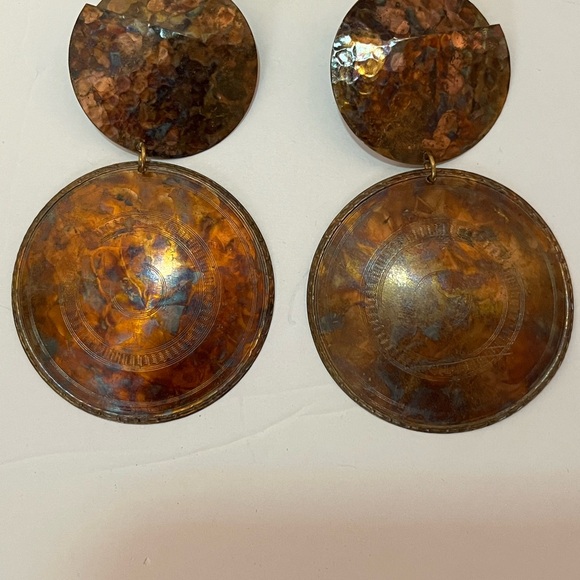 Vintage 1980s Hammered Copper/Metal Distressed Dangle Statement Earrings-Huge - Picture 1 of 8